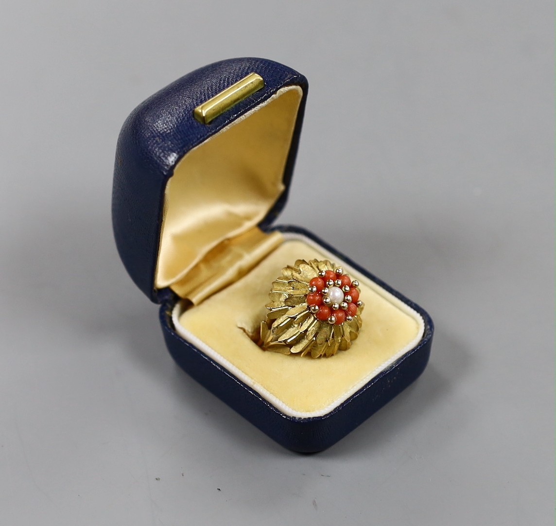 A continental yellow metal, coral bead and culture pearl cluster set dress ring, size R, gross weight 7 grams.